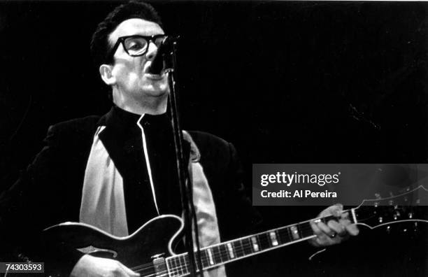 Elvis Costello performs as part of the Dr. Pepper Music Festival Series on Pier 84 on August 30, 1982 in New York City.