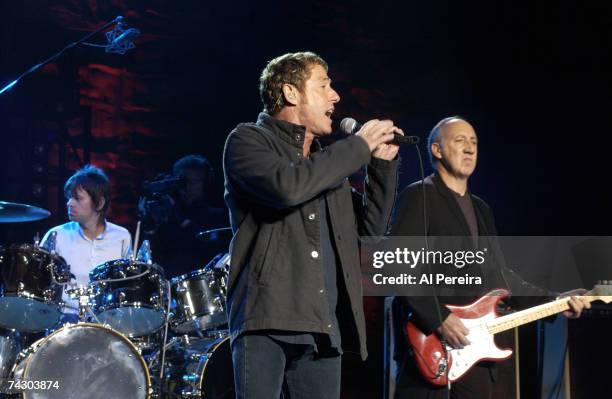 Drummer Kenney Jones, singer Roger Daltrey and guitarist Pete Townshend of the rock and roll band "The Who" perform onstage in New York in circa 2000...