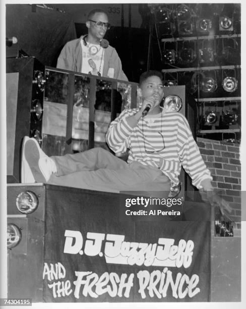 Rap duo DJ Jazzy Jeff and the Fresh Prince perform onstage at Nassau Coliseum on August 12, 1988 in Uniondale, New York.