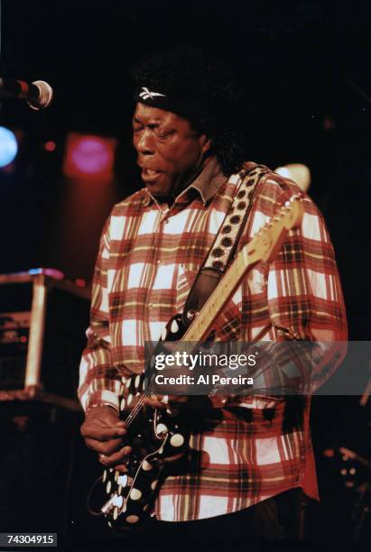 Buddy Guy plays his Polka Dot Fender Stratocaster guitar when he performs at Tramps on May 8, 1996 in New York City.