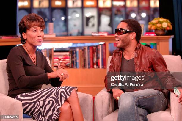 Television anchor Robin Roberts interviews musician Lenny Kravitz during the Hurricane Katrina Telethon on September 19, 2005 in New York City, New...