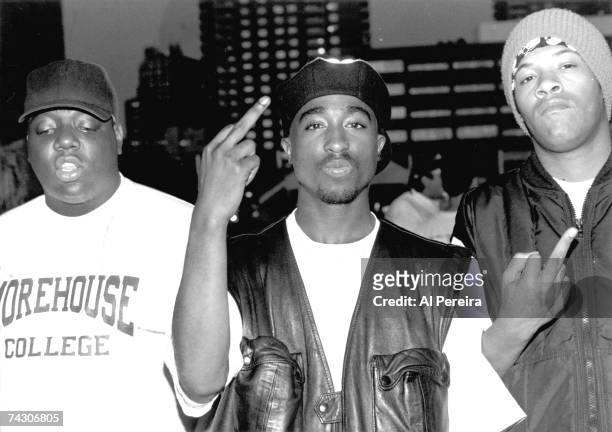 Rappers Notorious B.I.G., Tupac Shakur and Redman pose for a portrait at Club Amazon on July 23, 1993 in New York, New York.
