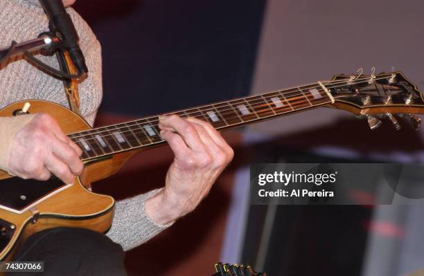 Guitarist and inventor Les Paul performs onstage at the Iridium Jazz Club in circa 2000 in New York City, New York.