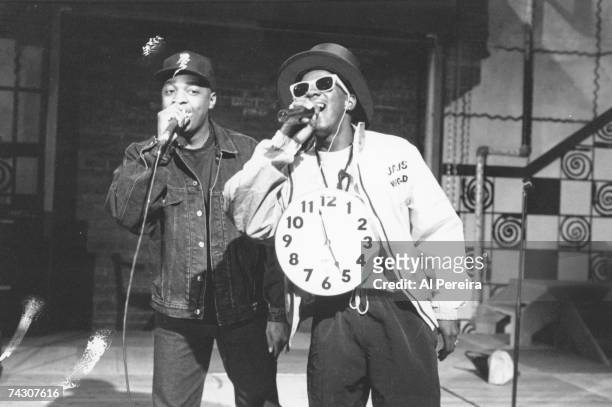 Flavor Flav and Chuck D of the rap group "Public Enemy" perform onstage in circa 1988 in New York, New York.