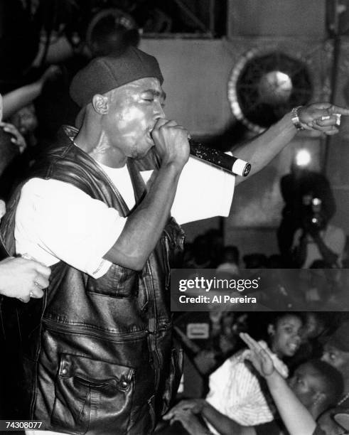 Rapper Tupac Shakur performs onstage at the Palladium on July 23, 1993 in New York, New York.