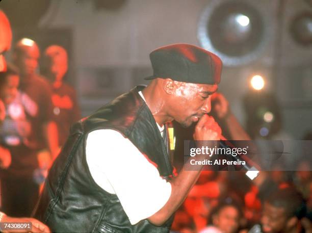 Rapper Tupac Shakur performs onstage at the Palladium on July 23, 1993 in New York, New York.