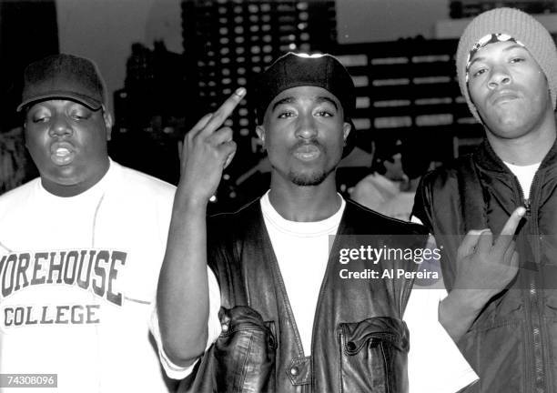 Rappers Notorious B.I.G., Tupac Shakur and Redman pose for a portrait at Club Amazon on July 23, 1993 in New York, New York.