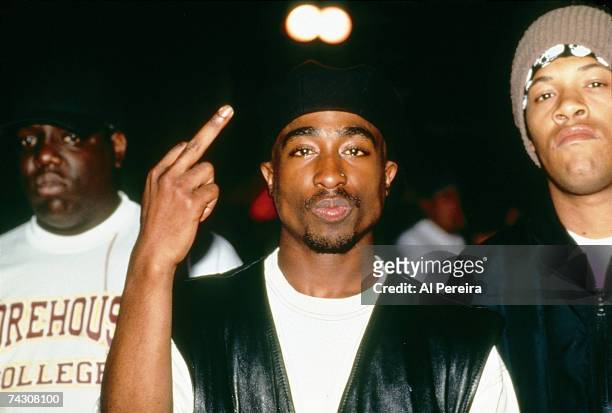 Rappers The Notorious BIG, Tupac Shakur and Redman backstage at a Tupac Shakur performance at Club Amazon on July 23, 1993 in New York, New York.