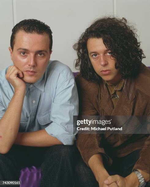 Curt Smith and Roland Orzabal of English pop duo Tears For Fears, posed together in London, April 1985.