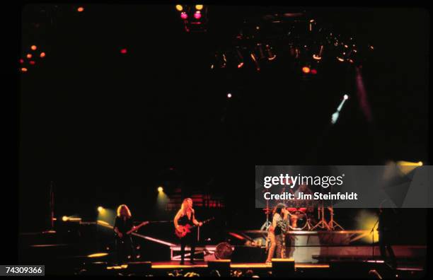 Rock and roll band "Aerosmith" performs onstage in 1993 in Minnesota. L-R: Brad Whitford, Tom Hamilton, Steven Tyler, Joey Kramer, Joe Perry.