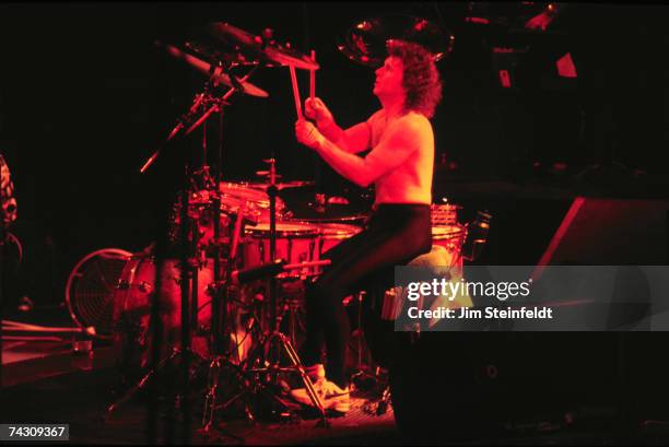 Drummer Joey Kramer of the rock and roll band "Aerosmith" performs onstage in 1993 in Minnesota.