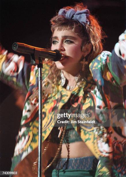 Pop singer Madonna performs onstage in 1985 in St. Paul, Minnesota.
