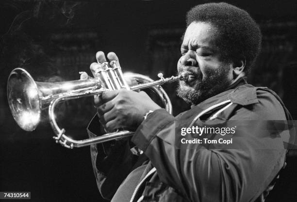 Jazz musician Donald Byrd performs onstage with his trumpet in 1978 in San Francisco, California.