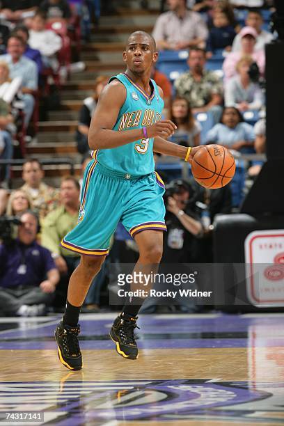Chris Paul of the New Orleans/Oklahoma City Hornets during the NBA game against the Sacramento Kings at Arco Arena on April 16, 2007 in Sacramento,...