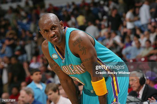 Bobby Jackson of the New Orleans/Oklahoma City Hornets reacts to a call during the NBA game against the Sacramento Kings at Arco Arena on April 16,...