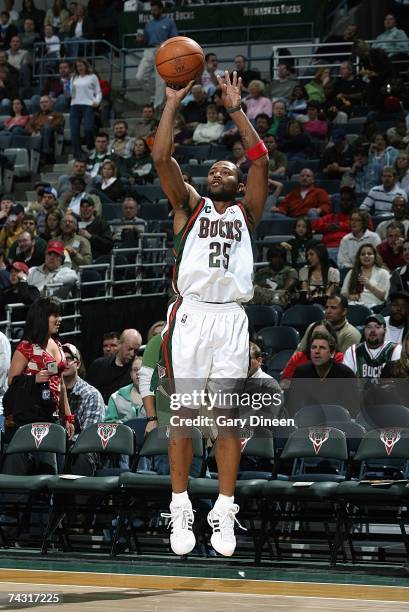 Maurice Williams of the Milwaukee Bucks takes a jump shot during the NBA game against the Charlotte Bobcats at Bradley Center on April 14, 2007 in...