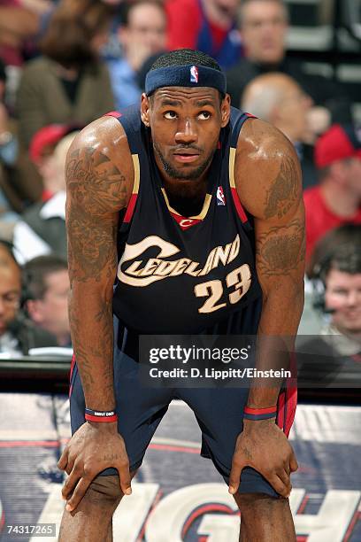 LeBron James of the Cleveland Cavaliers reacts against the Detroit Pistons in Game One of the Eastern Conference Finals during the 2007 NBA Playoffs...