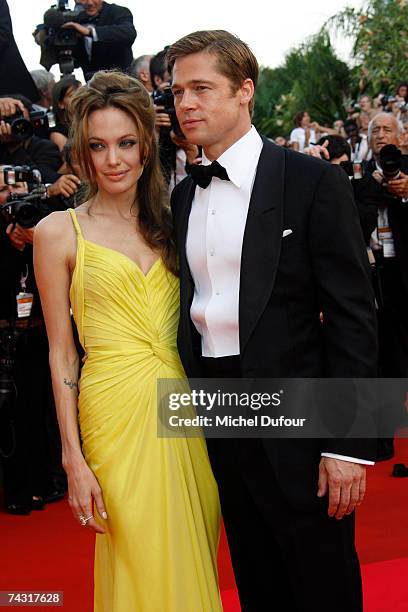 Angelina Jolie and Brad Pitt attend the screening of ''Ocean's 13'' on May 24, 2007 in Cannes France.