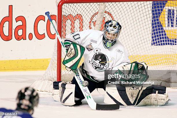 Michal Neuvirth of the Plymouth Whalers stops the puck during the tie breaker game against the Lewiston Maineiacs at the 2007 Mastercard Memorial Cup...