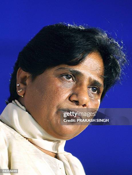 Chief Minister of the Indian state of Uttar Pradesh, Mayawati delivers her speech during a felicitation ceremony in New Delhi, 25 May 2007. Uttar...