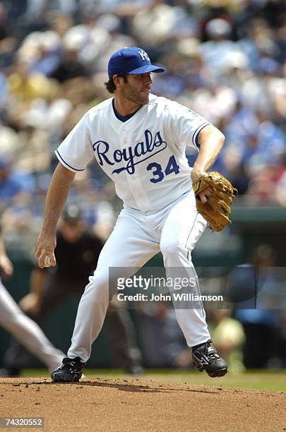 Luke Hudson of the Kansas City Royals pitches during the game against the Oakland Athletics at Kauffman Stadium in Kansas City, Missouri on May 10,...