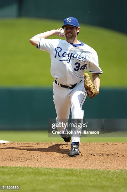 Luke Hudson of the Kansas City Royals pitches during the game against the Oakland Athletics at Kauffman Stadium in Kansas City, Missouri on May 10,...