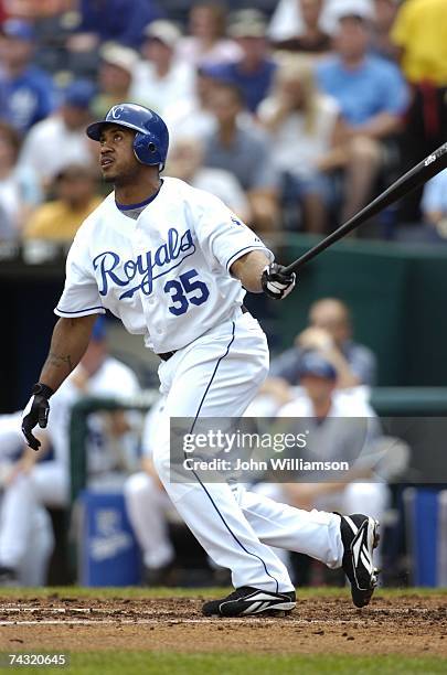 Emil Brown of the Kansas City Royals bats during the game against the Oakland Athletics at Kauffman Stadium in Kansas City, Missouri on May 10, 2007....