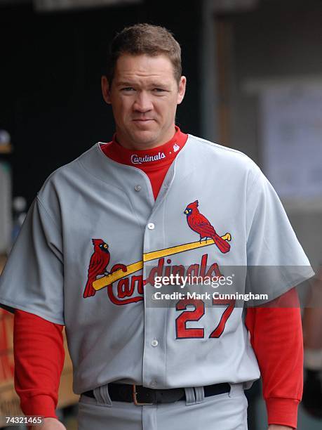 Scott Rolen of the St. Louis Cardinals looks on during the game against the Detroit Tigers at Comerica Park in Detroit, Michigan on May 20, 2007. The...