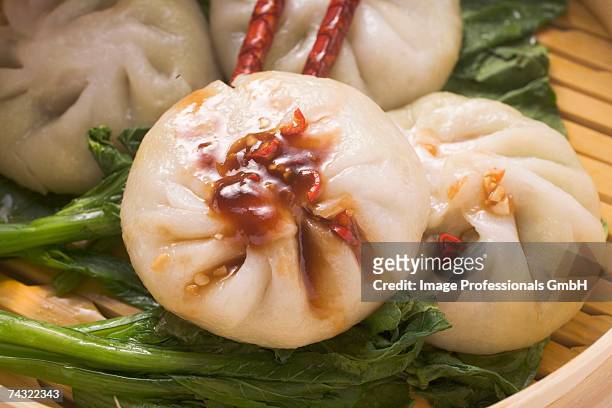 filled yeast dumplings with hoisin sauce on pak choi (thailand) - hoisin soße stock-fotos und bilder