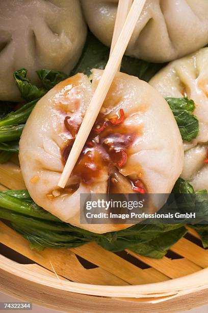 filled yeast dumplings with hoisin sauce on pak choi (thailand) - hoisin sauce stock pictures, royalty-free photos & images