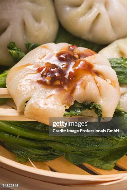 yeast dumplings with chive filling on pak choi (thailand) - hoisin soße stock-fotos und bilder
