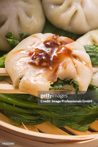 yeast dumplings with chive filling on pak choi (thailand) - hoisin sauce stock pictures, royalty-free photos & images