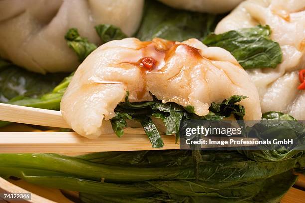 yeast dumplings with chive filling on pak choi (thailand) - hoisin soße stock-fotos und bilder