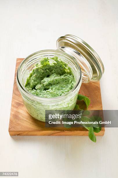 corn salad pesto in jar - mache stock pictures, royalty-free photos & images