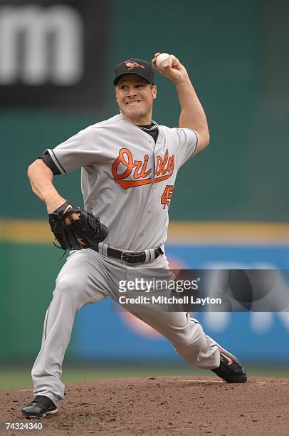 Erik Bedard of the Baltimore Orioles pitches against the Washington Nationals on May 20, 2007 at RFK Stadium in Washington D.C. The Nationals won 4-3.