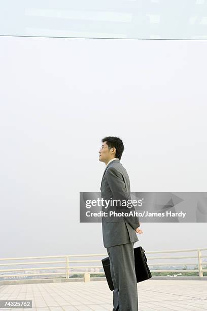 businessman standing on terrace, looking toward distance - mãos-atrás-das-costas imagens e fotografias de stock