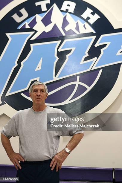 Head Coach Jerry Sloan of the Utah Jazz looks on after a shoot around for the Western Conference Finals during the 2007 NBA Playoffs on May 25, 2007...