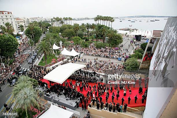 An aerial view of the red carpet is pictured during the premiere arrivals for the film 'We Own The Night' at the Palais des Festivals during the 60th...