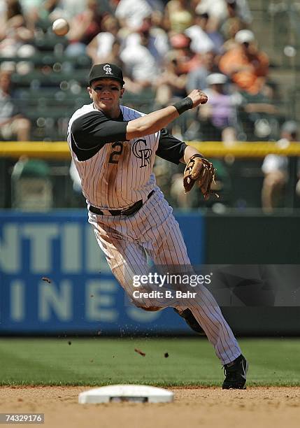 Shortstop Troy Tulowitzki of the Colorado Rockies throws out Edgar Renteria of the Atlanta Braves at first base in the third inning on April 29, 2007...