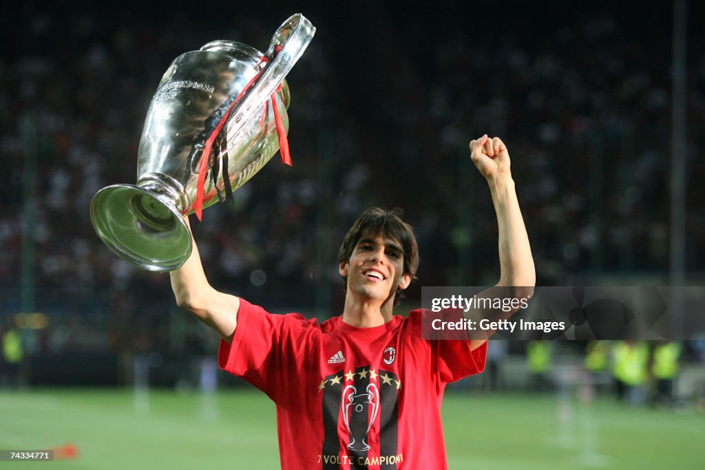 AC Milan Player Kaka Holds The Champion s League Trophy During The ac-milan-player-kaka-holds-the-champion-s-league-trophy-during-the