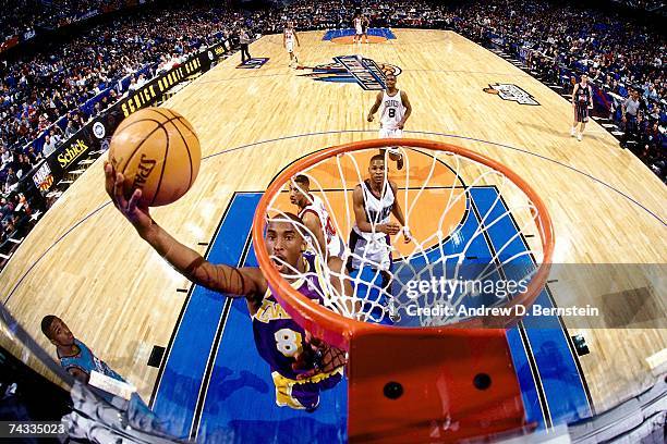 Kobe Bryant of the Western Conference attempts a layup against the Eastern Conference during the 1997 Rookie Game played February 8, 1997 at the Gund...