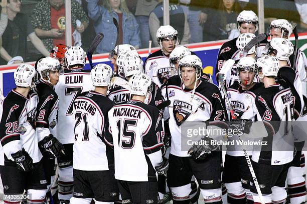 The Vancouver Giants celebrate their 8-1 victory over the Plymouth Whalers after the Semifinal game of the 2007 Mastercard Memorial Cup Championship...