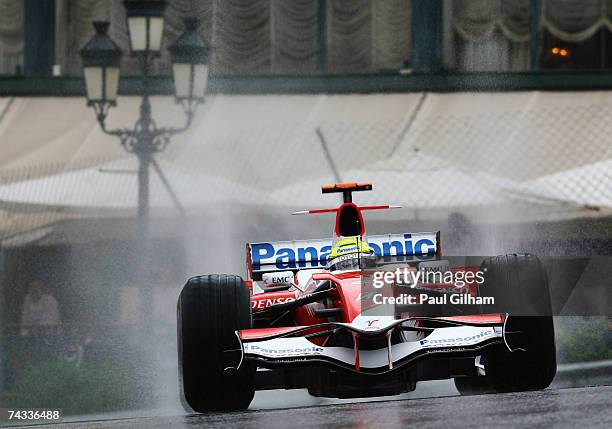 Ralf Schumacher of Germany and Toyota drives through Casino Square in the warm up session prior to qualifying for the Monaco Formula One Grand Prix...