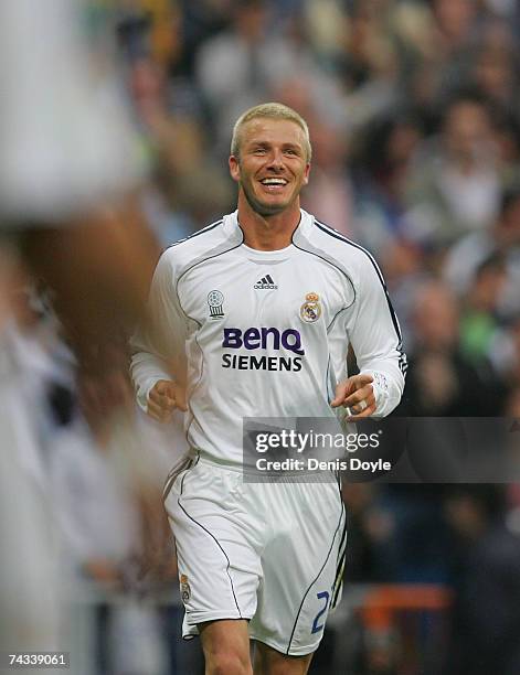 David Beckham of Real Madrid celebrates after Real scored their 3rd goal during the Primera Liga match between Real Madrid and Deportivo La Coruna at...