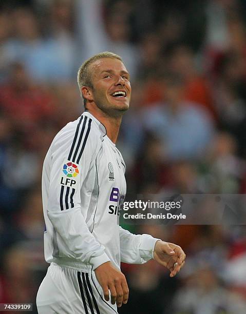 David Beckham of Real Madrid celebrates after Real scored their 3rd goal during the Primera Liga match between Real Madrid and Deportivo La Coruna at...