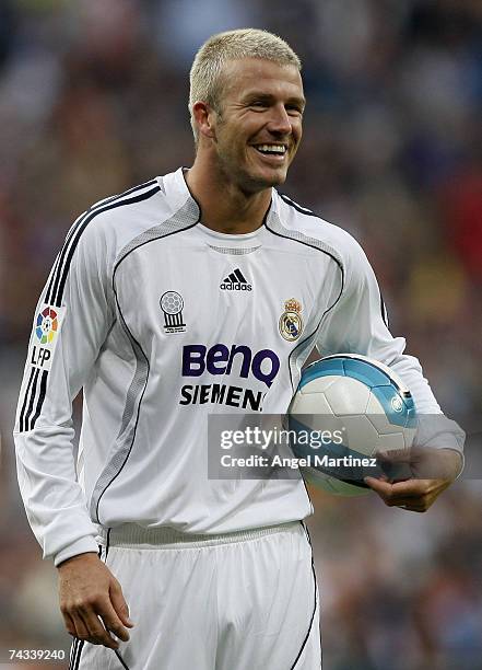 David Beckham of Real Madrid during a La Liga match between Real Madrid and Deportivo La Coruna at the Santiago Bernabeu stadium on May 26, 2007 in...