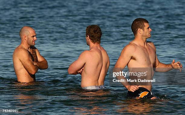 Matt King of the Storm wades in the cold water during the Melbourne Storm Recovery session at the St Kilda Sea Baths May 27, 2007 in Melbourne...