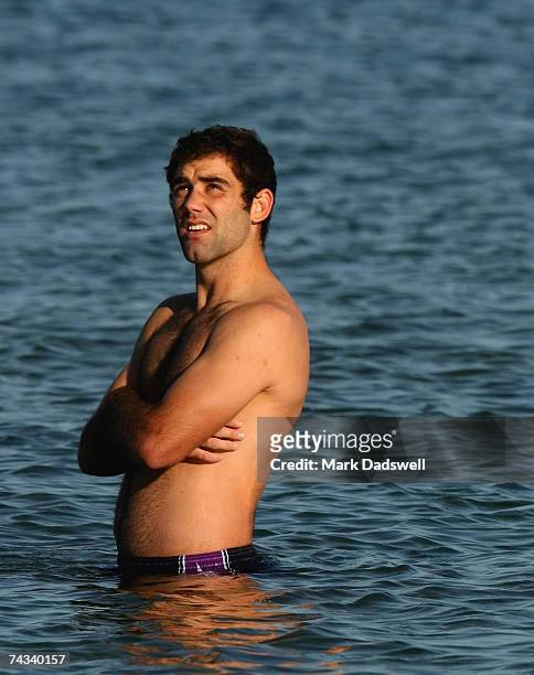 Cam Smith of the Storm wades in the cold water during the Melbourne Storm Recovery session at the St Kilda Sea Baths May 27, 2007 in Melbourne...