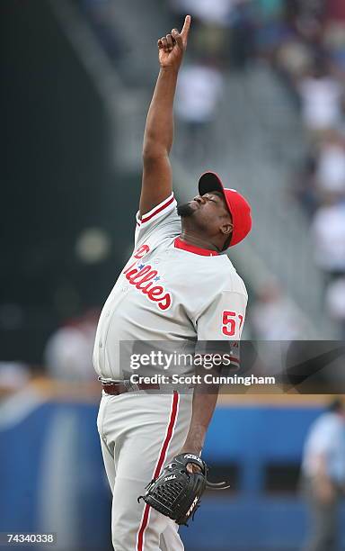 Antonio Alfonseca of the Philadelphia Phillies celebrates after recording a save against the Atlanta Braves at Turner Field on May 26, 2007 in...