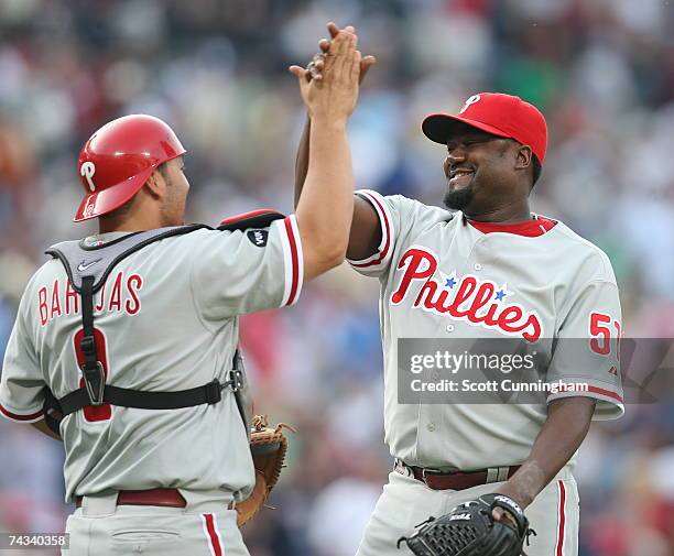 Antonio Alfonseca of the Philadelphia Phillies celebrates with Rod Barajas after the game against the Atlanta Braves at Turner Field on May 26, 2007...